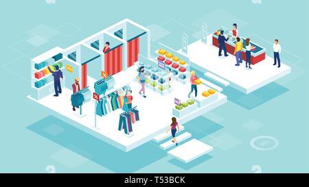 Vettore isometrica di persone che gli uomini e le donne di shopping insieme presso il centro commerciale di abbigliamento di acquisto Illustrazione Vettoriale