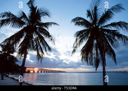 Florida Keys Bahia Honda Key state Park, Old Bahia Honda Bridge US Overseas Highway Route 1, Golfo del Messico Oceano Atlantico tramonto palme, Foto Stock