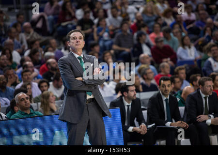 Madrid, Spagna. Xix Apr, 2019. Rick Pitino durante il Real Madrid vittoria su Panathinaikos Opap Atene (78 - 63) in Turkish Airlines Euroleague replayoff gioco 2 celebrata al Centro Wizink a Madrid (Spagna). 19 aprile 2019. Credito: Juan Carlos García Mate/Pacific Press/Alamy Live News Foto Stock