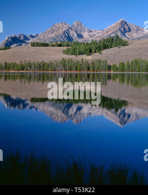 Stati Uniti d'America, Idaho, Sawtooth National Recreation Area, picchi della gamma a dente di sega di riflettere con un po' di scorfano Lago di prima mattina. Foto Stock