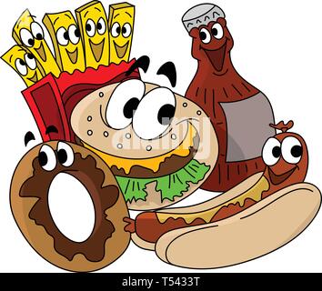 Cartoon fast food design dei personaggi, cheeseburger, patatine, ciambelle e cola illustrazione vettoriale Illustrazione Vettoriale