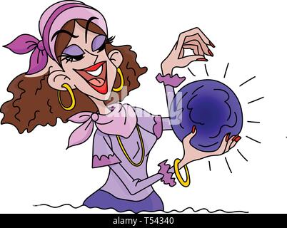 Cartoon fortune teller tenendo una sfera di cristallo nelle sue mani illustrazione vettoriale Illustrazione Vettoriale