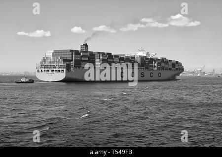 Foto in bianco e nero del pieno carico spedizione COSCO, contenitore di nave, COSCO FORTUNE, entrando nel porto di Long Beach, California, Stati Uniti d'America. Foto Stock