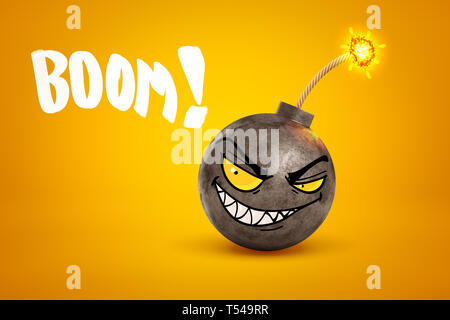 3D rendering di EVIL SMILEY cartoon bomba a sfera con fusibile e segno del braccio su sfondo giallo Foto Stock