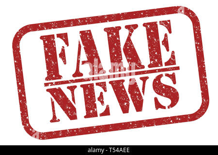 Timbro di gomma fake news, il testo in rosso su bianco illustrazione Foto Stock