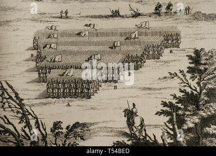 La storia da Polibio. Volume I. edizione francese tradotto dal greco da Dom Vincent Thuillier. Osservazioni della scienza militare arricchito con critica e note storiche da M. De Folard. Parigi, Chez Pierre Gandouin, Julien-Michel Gandouin, Pierre-Francois Giffart e Nicolas-Pierre Armand, 1727. La stampa da Jean-Baptiste Lamesle. "Traite de La Colonne" (Trattato della colonna). Come formare e combattere in esso. Il romano a volte ha elaborato le loro forze nella forma di un cuneo, o 'tete-du-porc'. Dettaglio. Foto Stock