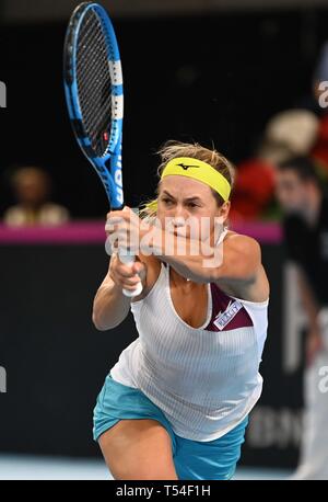 Yulia Putintseva (Kazakistan). La gomma 2. Gran Bretagna v Kazakistan. World Group II play off in BNP Paribas Fed Cup. Casella di rame arena. Queen Elizabeth Olympic Park. Stratford. Londra. Regno Unito. 20/04/2019. Foto Stock