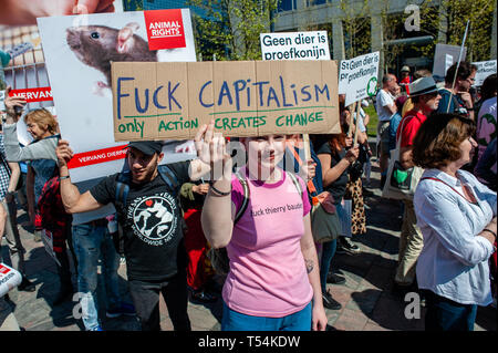 Rotterdam, Paesi Bassi. Xx Apr, 2019. Una donna è visto tenendo un cartello durante la protesta. L'organizzazione non governativa "i diritti degli animali" ha organizzato una manifestazione per la sostituzione della sperimentazione animale. Centinaia di persone si sono radunate nel centro di Rotterdam per chiedere al governo olandese di smettere di sovvenzionare i test sugli animali e di esplorare altre alternative. Credito: SOPA Immagini limitata/Alamy Live News Foto Stock