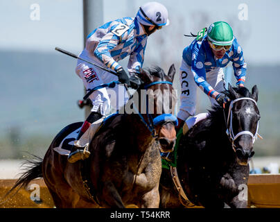 Charles Town, West Virginia, USA. Xx Apr, 2019. CHARLES TOWN, West Virginia - 20 aprile: Luis Batista, a bordo vincitore Vic's Pick n. 2, parla smack con runner fino rider Oscar Flores a bordo migliori dopo aver vinto il Coin Collector picchetti su Charles Town Classic giorno a Charles Town gare e slot in Charles Town, West Virginia. Scott Serio/Eclipse Sportswire/CSM/Alamy Live News Foto Stock