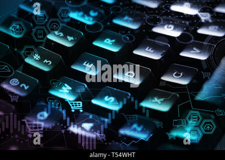 Close-up tastiera scuro con erp il concetto di sistema