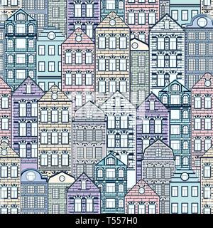 Case colorate seamless pattern, città sullo sfondo del paesaggio urbano. Pastello multicolore comunità casa di mattoni, disegno piatto, architettura ornamento, vec Illustrazione Vettoriale