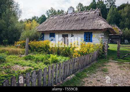 Casa in legno con tetto di paglia in Bialowieskie Siolo inn di Budy village, Voivodato Podlaskie in Polonia Foto Stock