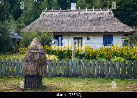 Casa in legno con tetto di paglia in Bialowieskie Siolo inn di Budy village, Voivodato Podlaskie in Polonia Foto Stock