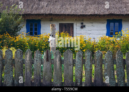 Casa in legno con tetto di paglia in Bialowieskie Siolo inn di Budy village, Voivodato Podlaskie in Polonia Foto Stock