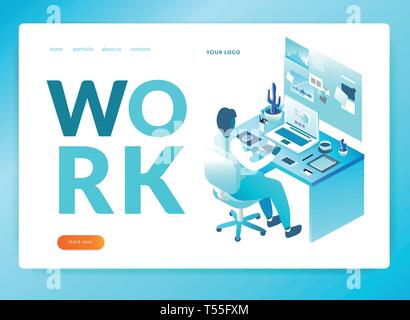 Lavoratore di ufficio. workplace illustrazione isometrica. EPS 10. Vettore illustrazione isometrica. landing page template Illustrazione Vettoriale