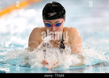 Siobhan-Marie O'Connor nelle manche della Womens aprire 100m a rana durante il giorno sei del 2019 British Nuoto Campionati a Tollcross International centro nuoto, Glasgow. Foto Stock