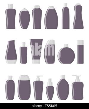 Prodotti per la cura personale: shampoo, gel doccia, sapone, crema balsamo, spray per capelli, profumi, lozione tonica peeling scrub illustrazione vettoriale in stile piatto Illustrazione Vettoriale