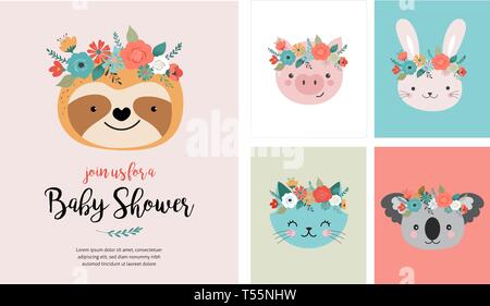 Simpatici animali teste con corona di fiori, illustrazioni vettoriali per il design di vivaio, poster, compleanno biglietti d'auguri. Panda, llama, fox, koala, gatto, cane Illustrazione Vettoriale