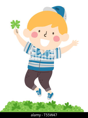 Illustrazione di un Kid Boy Jumping dopo aver trovato un quattro Leaf Clover Foto Stock