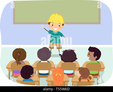 Illustrazione di Stickman Kids ascoltando il loro compagno di classe che indossa una costruzione giallo Elmetto in classe Foto Stock