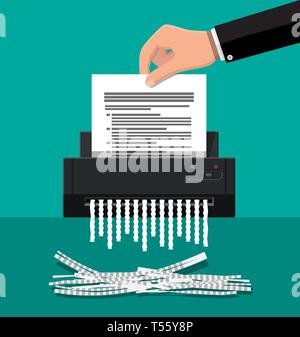Macchina trinciatrice e la mano con carta per documenti. Dispositivo Office per la distruzione di documenti. Illustrazione Vettoriale in stile piatto Illustrazione Vettoriale