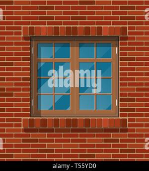 Facciata di edificio. Classico in legno finestra nel muro di mattoni. Architettura, Edilizia e costruzioni. Illustrazione Vettoriale in stile piatto Illustrazione Vettoriale