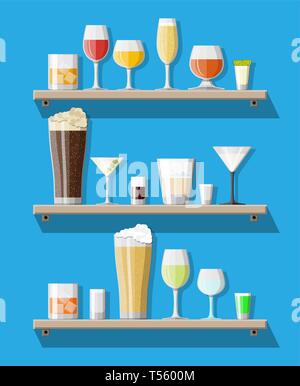 Bevande alcoliche nella raccolta di bicchieri sui ripiani. La vodka vino champagne whisky acquavite di birra tequila cognac vermouth liquore gin rum assenzio sambuca cide Illustrazione Vettoriale