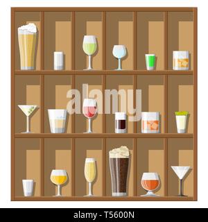 Bevande alcoliche nella raccolta di bicchieri sui ripiani. La vodka vino champagne whisky acquavite di birra tequila cognac vermouth liquore gin rum assenzio sambuca cide Illustrazione Vettoriale