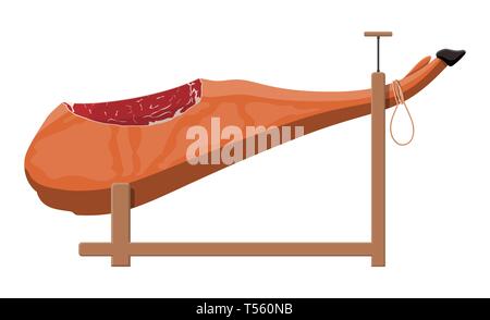 Jamon sul jamonera in legno. Spagnolo a base di carne di maiale gourmet. Bacon prosciutto prodotto. Intera coscia di maiale. Illustrazione Vettoriale in stile piatto Illustrazione Vettoriale
