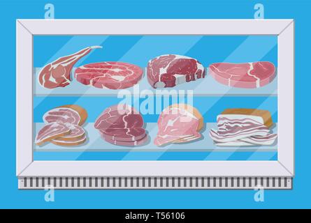 I prodotti a base di carne in frigo dei supermercati. Negozio di carne macelleria vetrina contatore. Le fette di salsiccia prodotto. Delicatessen prodotto gastronomico di carni bovine Carni suine c Illustrazione Vettoriale