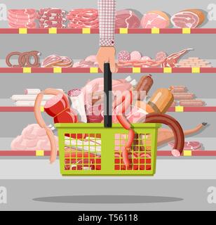 I prodotti a base di carne nel supermercato cestello. Negozio di carne macelleria vetrina contatore. Le fette di salsiccia prodotto. Delicatessen prodotto gastronomico di carni bovine Carni suine c Illustrazione Vettoriale