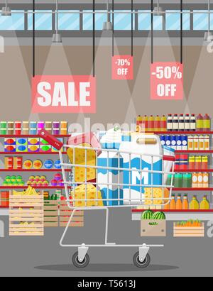 Contatore di latte in un supermercato. Agricoltore in negozio o supermercato. Prodotti lattiero-caseari impostare raccolta di cibo. Formaggio di latte yogurt burro di panna acida cottage crema f Illustrazione Vettoriale