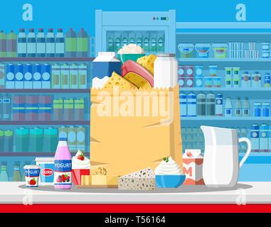 Contatore di latte in un supermercato. Agricoltore in negozio o supermercato. Prodotti lattiero-caseari impostare raccolta di cibo. Formaggio di latte yogurt burro di panna acida cottage crema f Illustrazione Vettoriale