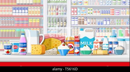 Contatore di latte in un supermercato. Agricoltore in negozio o supermercato. Prodotti lattiero-caseari impostare raccolta di cibo. Formaggio di latte yogurt burro di panna acida cottage crema f Illustrazione Vettoriale