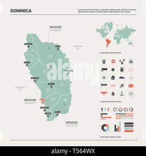 Mappa vettoriale della Dominica. Alta dettagliata mappa del paese con la divisione, città e capitale Roseau. Mappa politico, mappa del mondo, elementi infografico. Illustrazione Vettoriale