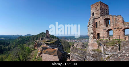 Palas e la torre del castello di roccia Altdahn, una fortezza medievale presso il village Dahn, Wasgau, Renania-Palatinato, Germania Foto Stock