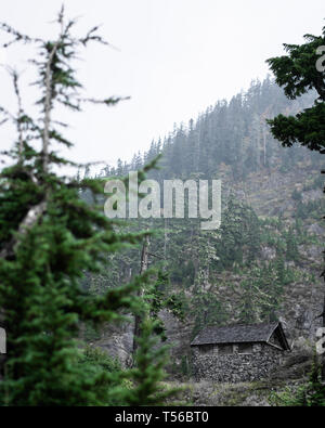 La vista dalla scogliera di una cabina isolata in alberi sulla sommità di una nebbiosa foggy mountain Foto Stock