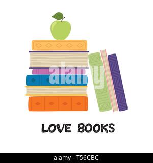 Ama i libri. Pila di libri con Apple. Pila di libri illustrazione vettoriale. Icona pila di libri in stile appartamento. Illustrazione Vettoriale