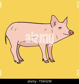 Maiale in stile scarabocchio. Illustrazione Vettoriale su uno sfondo colorato. Illustrazione Vettoriale