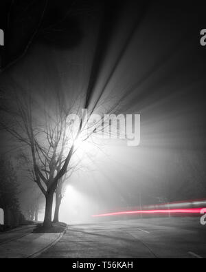 Una lunga esposizione auto guidando su un moggy notte in un paesaggio urbano Foto Stock