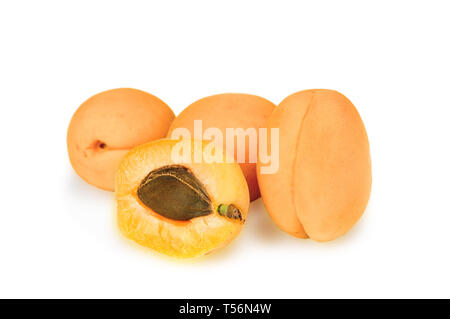 Gruppo di ripe apricotes isolato con percorso di clipping. Intera e mezza, albicocca pit nel fuoco. Morbida ombra delicata Foto Stock