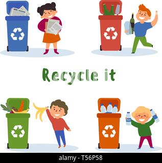 I bambini la raccolta carta, vetro, plastica, riciclare Illustrazione Vettoriale
