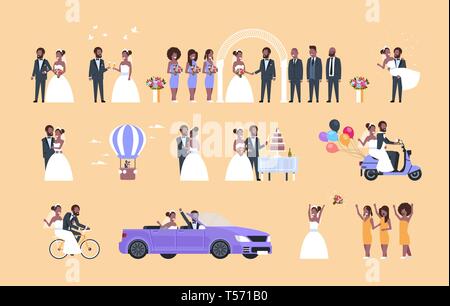 Impostare appena sposato donna uomo in piedi insieme diversi concetti di raccolta americana africana giovane sposa e lo sposo in amore Wedding Day celebrazione Illustrazione Vettoriale