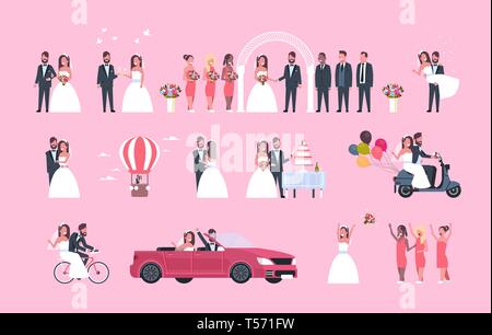 Impostare appena sposato donna uomo in piedi insieme diversi concetti romantica raccolta giovane sposa e lo sposo in amore Wedding Day celebrazione piena lunghezza Illustrazione Vettoriale