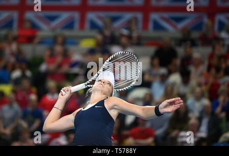 Londra, Regno Unito. Xxi Aprile, 2019. Katie Boulter (Gran Bretagna). Gomma 4. Gran Bretagna v Kazakistan. World Group II play-off. BNP Paribas Fed Cup. Casella di rame arena. Queen Elizabeth Olympic Park. Stratford. Credito: Sport In immagini/Alamy Live News Foto Stock