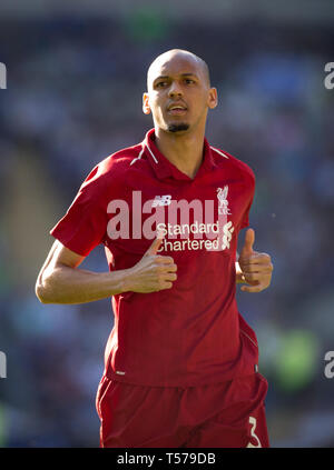 Cardiff, Regno Unito. Xxi Aprile, 2019. Officina Fabinho di Liverpool durante il match di Premier League tra Cardiff City e Liverpool a Cardiff City Stadium di Cardiff, Galles il 21 aprile 2019. Foto di Andy Rowland. Credito: prime immagini multimediali/Alamy Live News Foto Stock