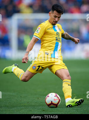 Valencia, Spagna. Xxi Mar, 2019. Calcio: Liga Santander 2018/19 : Hernan Perez dell Espanyol in azione durante la Primera Division spagnolo "Liga Santander (Espanola)' Match tra Levante UD 2-2 RCD Espanyol a Ciutat de Valencia stadium di Valencia, Spagna, 21 marzo 2019. Credito: Pablo Morano/ AFLO/Alamy Live News Foto Stock