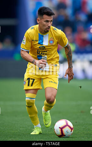 Valencia, Spagna. Xxi Mar, 2019. Calcio: Liga Santander 2018/19 : Hernan Perez dell Espanyol in azione durante la Primera Division spagnolo "Liga Santander (Espanola)' Match tra Levante UD 2-2 RCD Espanyol a Ciutat de Valencia stadium di Valencia, Spagna, 21 marzo 2019. Credito: Pablo Morano/ AFLO/Alamy Live News Foto Stock