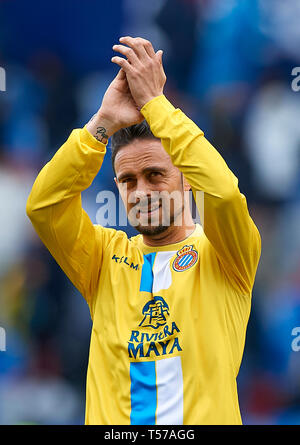 Valencia, Spagna. Xxi Mar, 2019. Calcio: Liga Santander 2018/19 : Sergio Garcia di Espanyol reagisce durante la Primera Division spagnolo "Liga Santander (Espanola)' Match tra Levante UD 2-2 RCD Espanyol a Ciutat de Valencia stadium di Valencia, Spagna, 21 marzo 2019. Credito: Pablo Morano/ AFLO/Alamy Live News Foto Stock