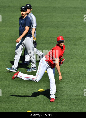 Los Angeles Angels' Shohei Ohtani gioca catch come Seattle Mariners' Yusei Kikuchi passeggiate passato lui prima della Major League Baseball gioco contro i Seattle Mariners all'Angel Stadium di Anaheim, California, Stati Uniti, 19 aprile 2019. Credito: AFLO/Alamy Live News Foto Stock